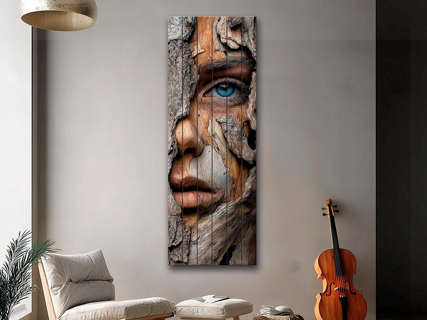 Beautiful Woman Face Print on Wood – Carved Bark Wall Art, Rustic Wall Decor
