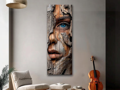 Beautiful Woman Face Print on Wood – Carved Bark Wall Art, Rustic Wall Decor