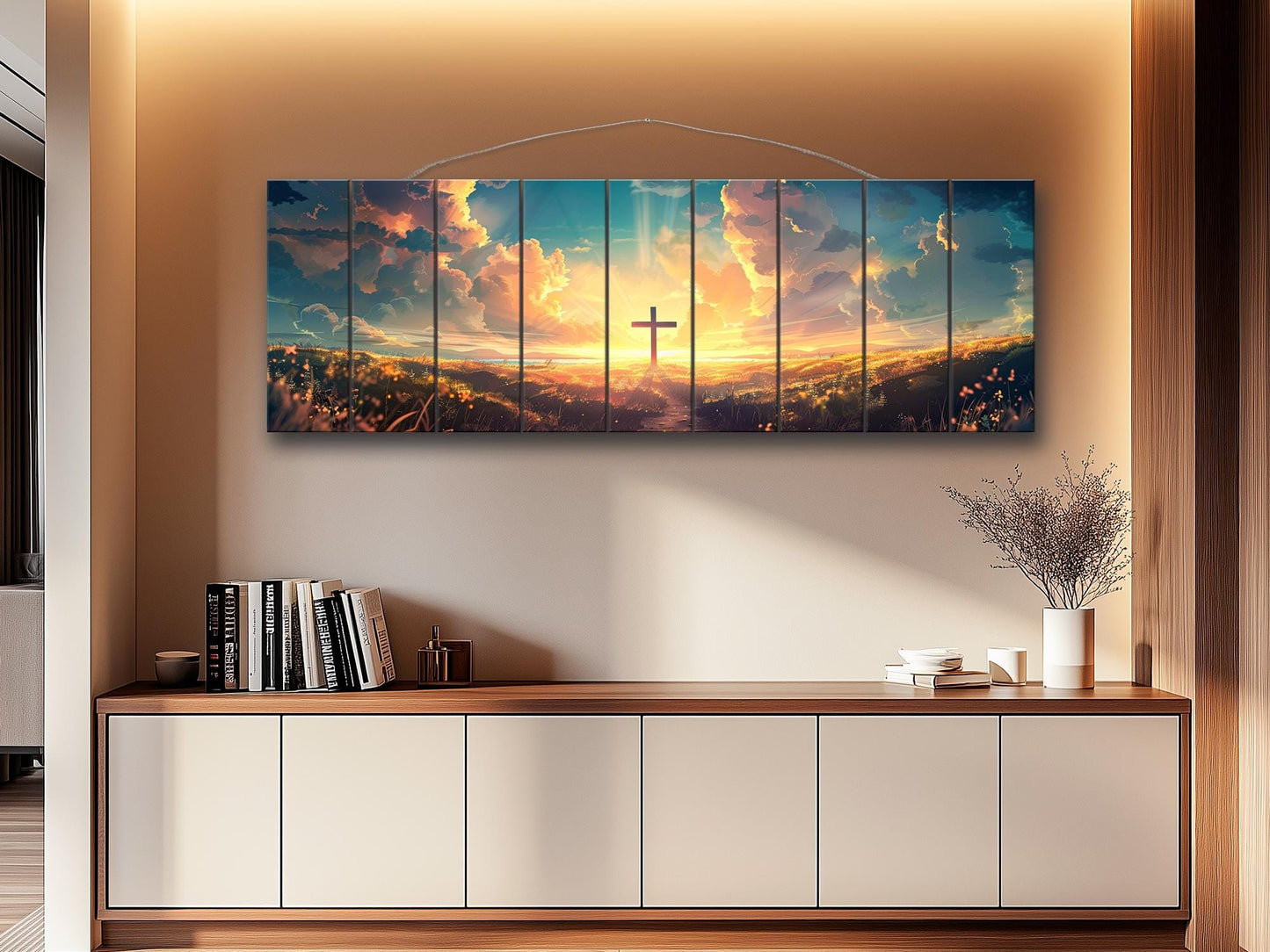 Christian Wood Wall Art – Cross Sunset Painting on Natural Wood Planks | Handcrafted Rustic Farmhouse Decor