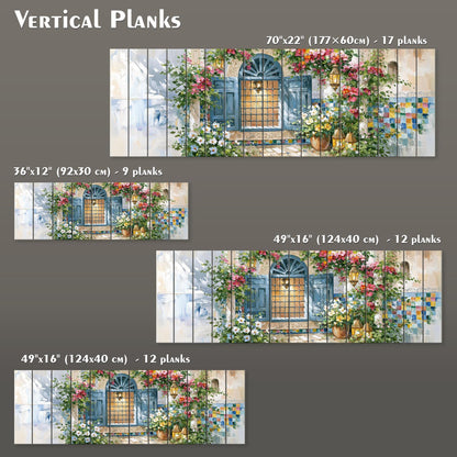 The image is a collage of three different sizes of vertical planks, each depicting a window with a flower-filled sill. The planks vary in size, ranging from 70"22" (177"60") to 17" (51") planks. The planks are arranged in a grid-like pattern, showcasing the different dimensions and perspectives of the windows.
