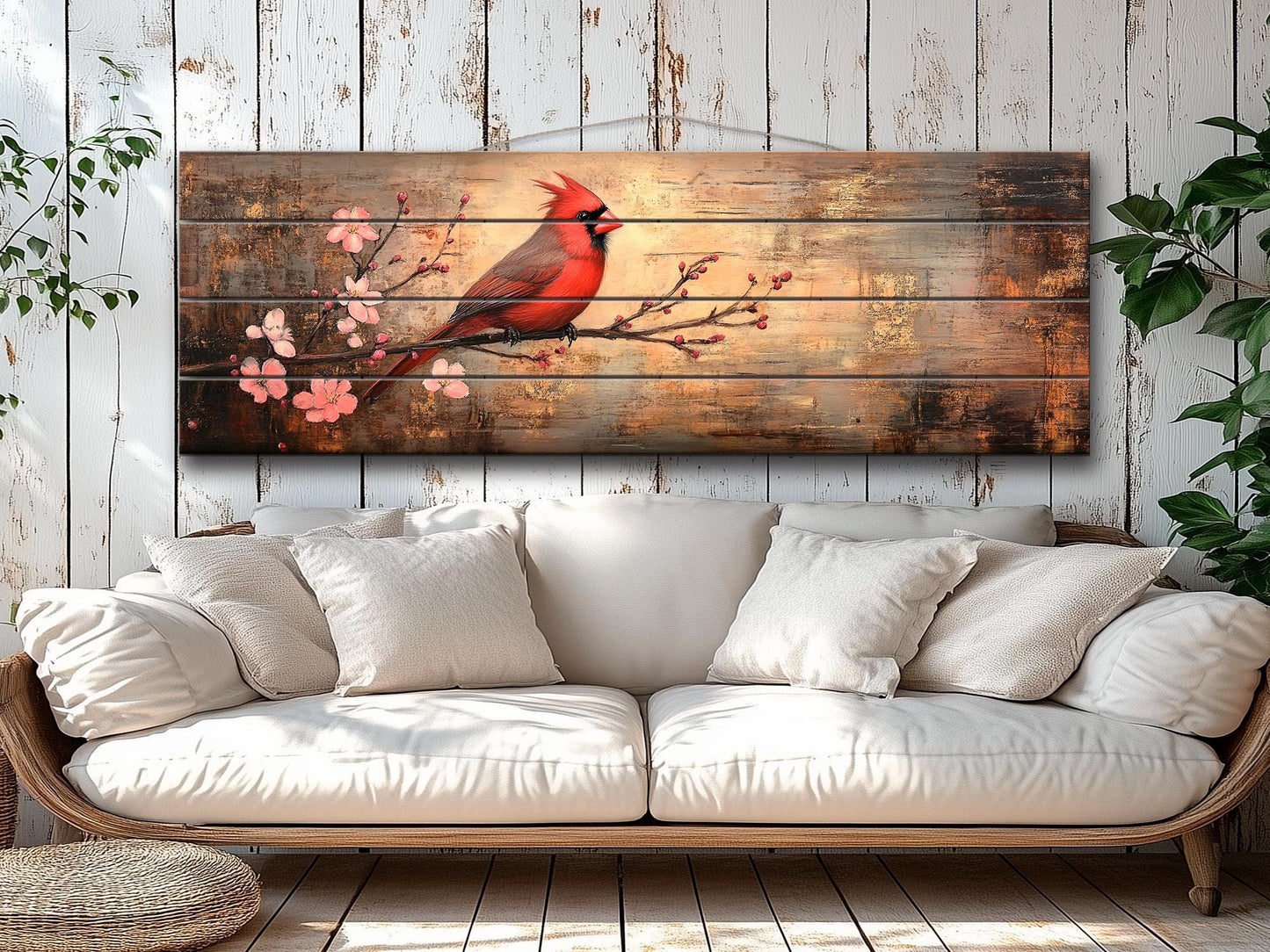 Cardinal Wood Wall Art – Rustic Red Cardinal Painting on Natural Wood Print