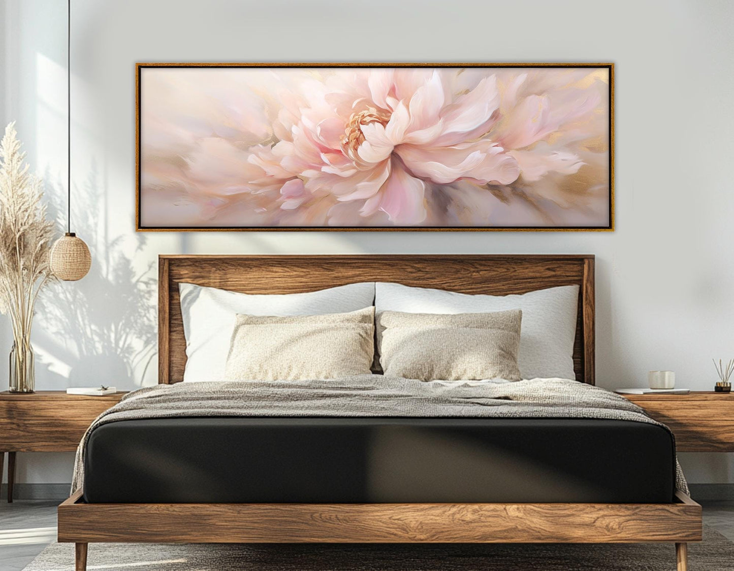 Peony Flower Painting - Framed Cotton Canvas Print | Panoramic Floral Wall Art