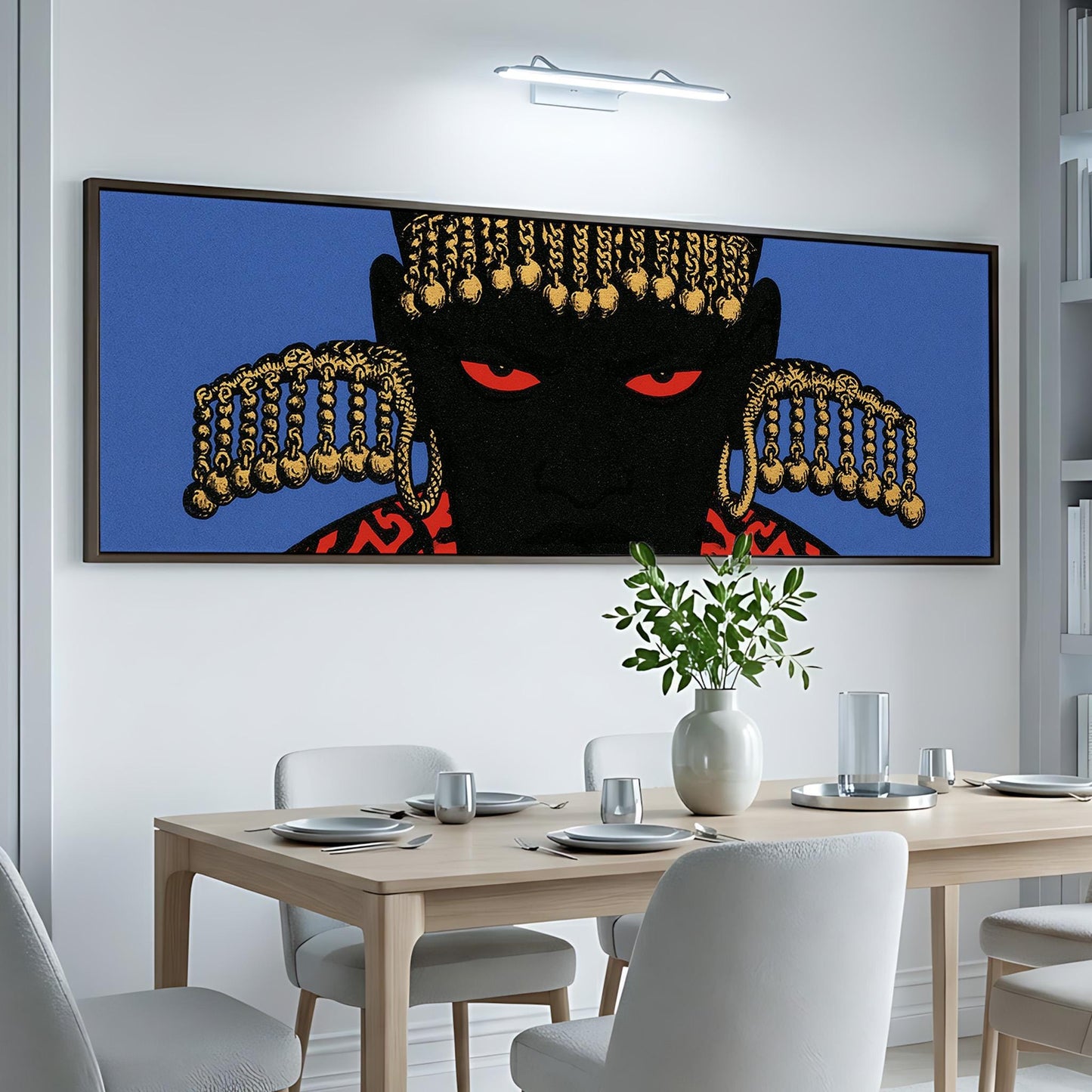 a large, colorful painting of a black figure with gold accents, displayed on a wall above a dining table with white chairs.