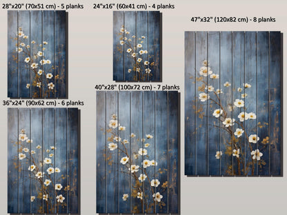 Rustic Floral Wall Art - White Blossoms Print on Natural Wood Plank Art