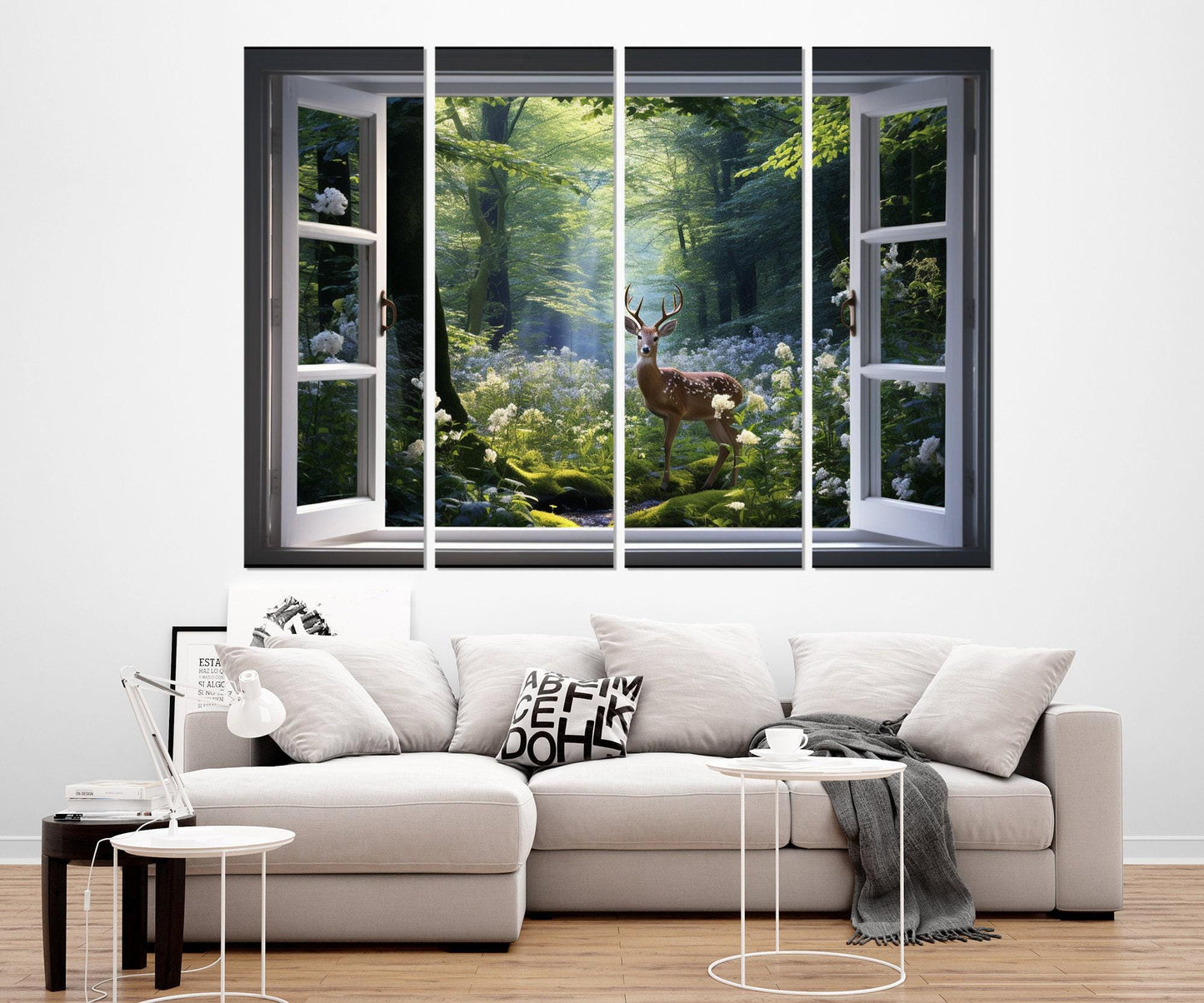 Forest Window Canvas – Faux Window Art With Deer, Spring Wall Decor Ready to Hang