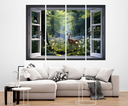 Forest Window Canvas – Faux Window Art With Deer, Spring Wall Decor Ready to Hang