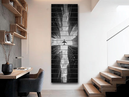 Airplane Print on Wood – Black and White Cityscape Wood Print | Urban Wall Decor