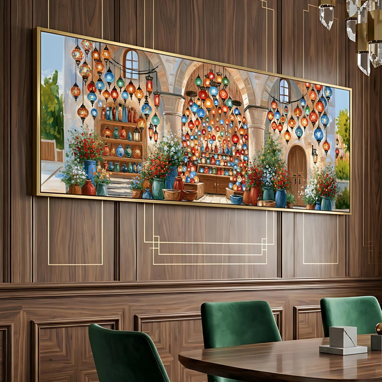 a large, colorful painting of a market scene with various items such as vases, lanterns, and potted plants displayed in a room with wooden paneling.
