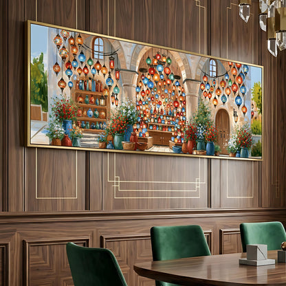 a large, colorful painting of a market scene with various items such as vases, lanterns, and potted plants displayed in a room with wooden paneling.