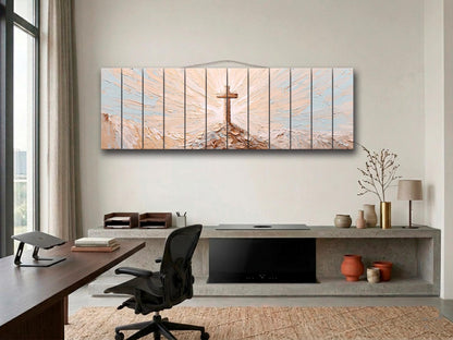 Wooden Cross on Mountain Peak Wood Print Wall Art, Religious Wall Decor