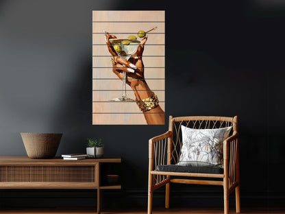 Wood Wall Art – Elegant Martini Glass Artwork on Natural Wood Planks | Minimalist Decor