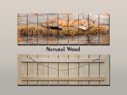 Farm Cat Lounging on a Hay Bale Painting Printed on Natural Wood, Cats Wall Art, Red Cat Print, Rustic Cabin Wall Decor, Wood Wall Art