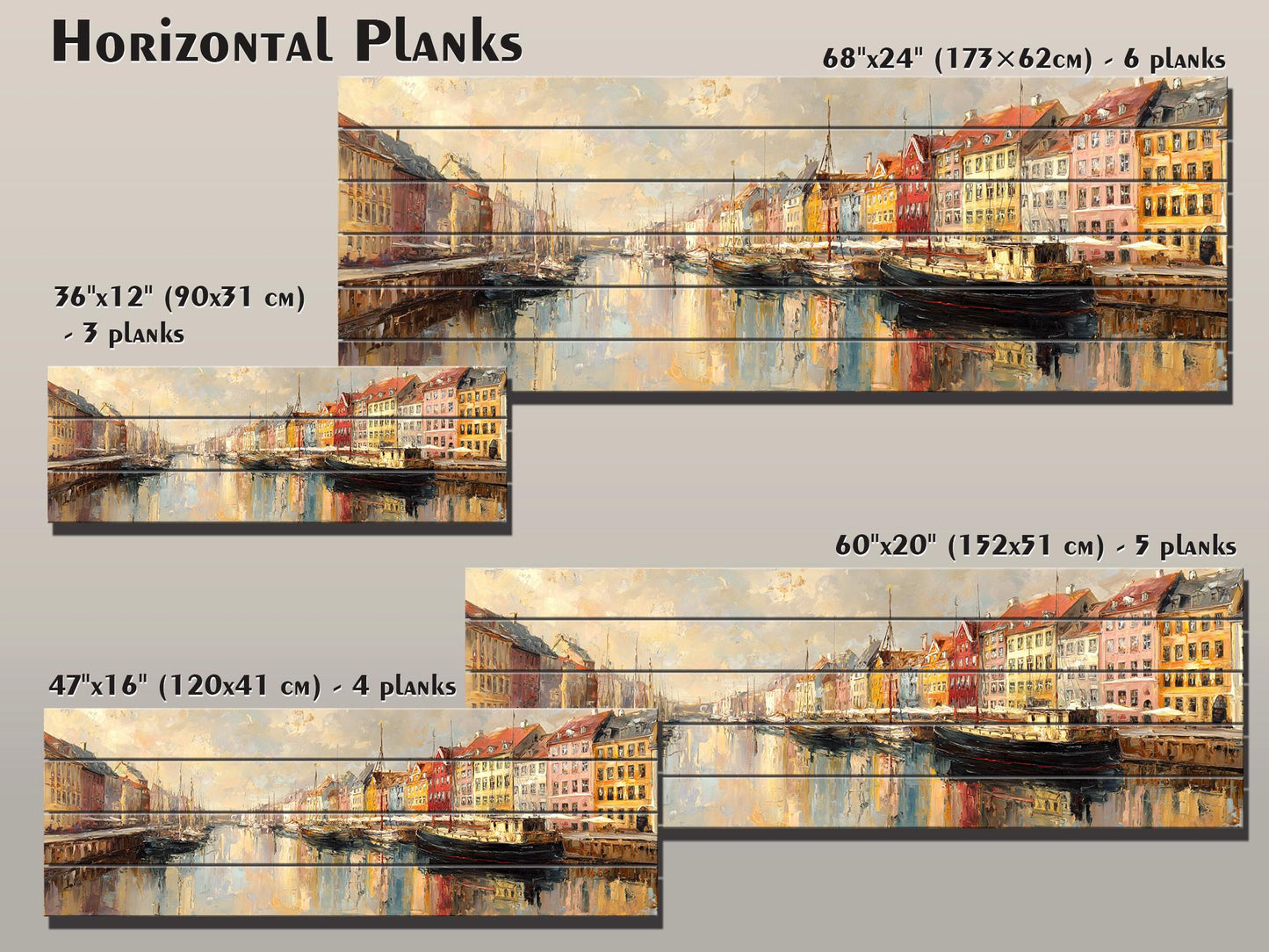 Copenhagen Harbor Wood Print – Rustic Wall Art with Colorful Building Art on Distressed Wood