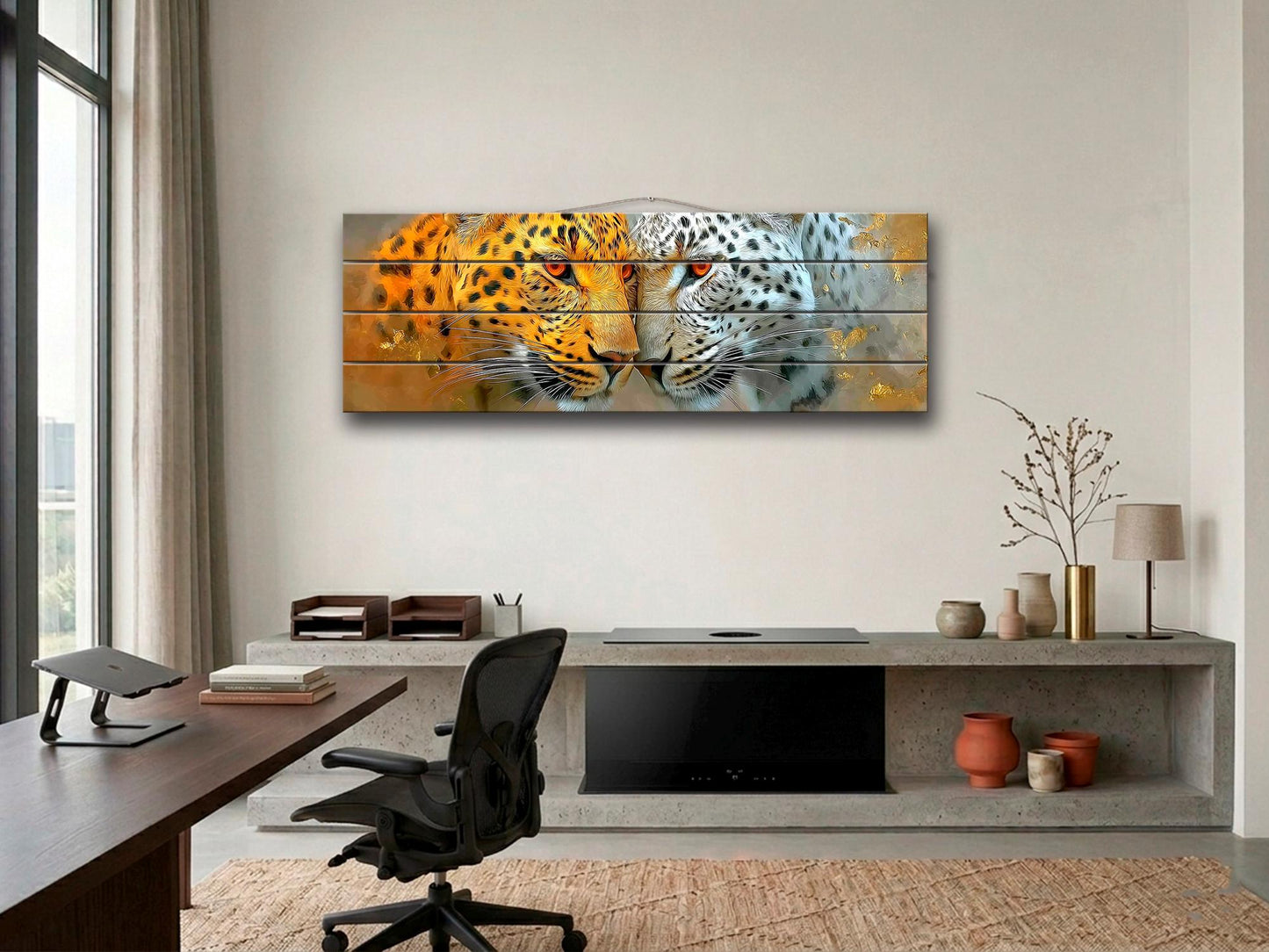 Leopard Couple Print on Natural Wood, Majestic Wildlife Romantic Wall Art