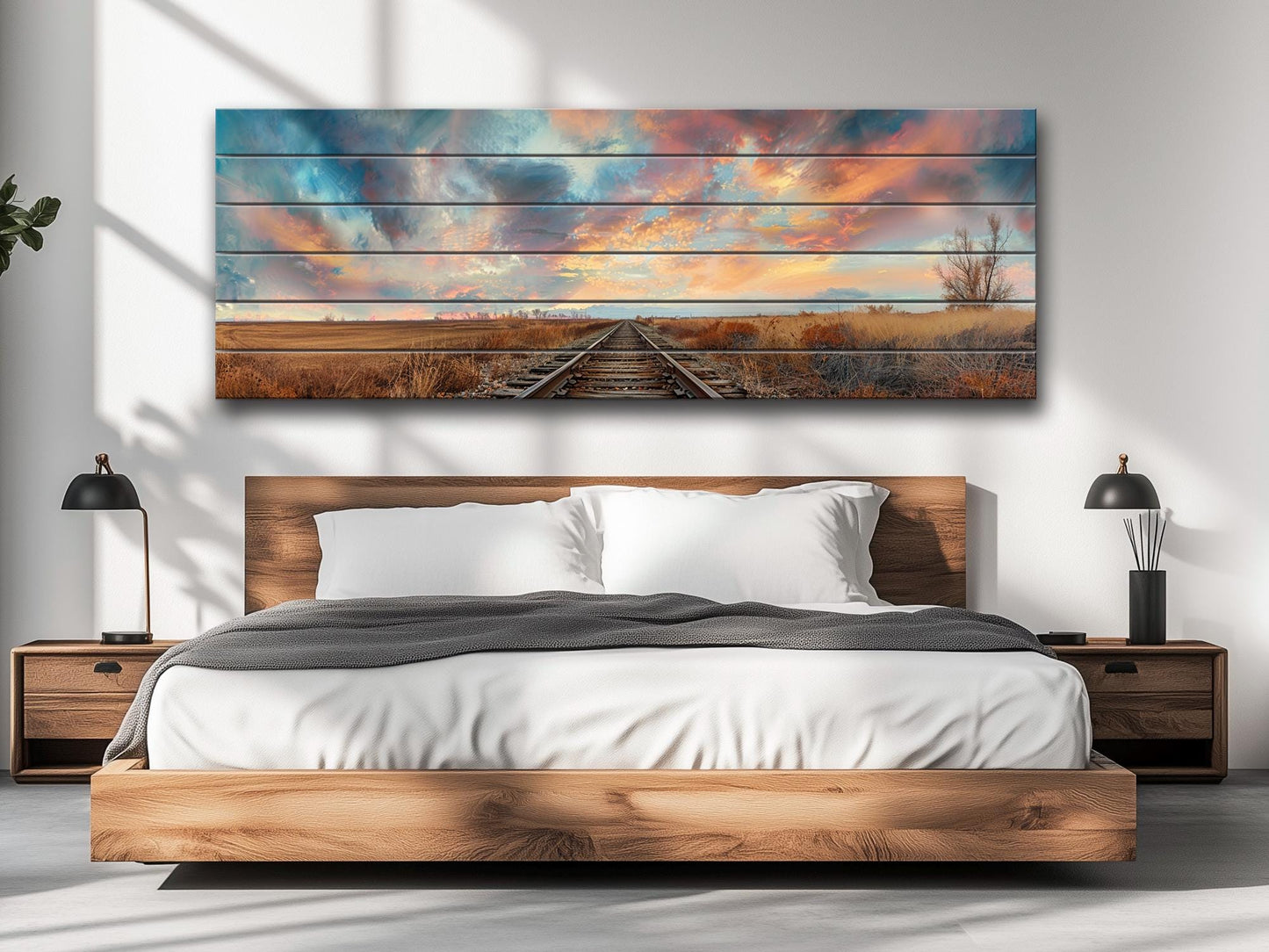 Wood Wall Art – Railway Through Field Print On Natural Wood Plank Decor
