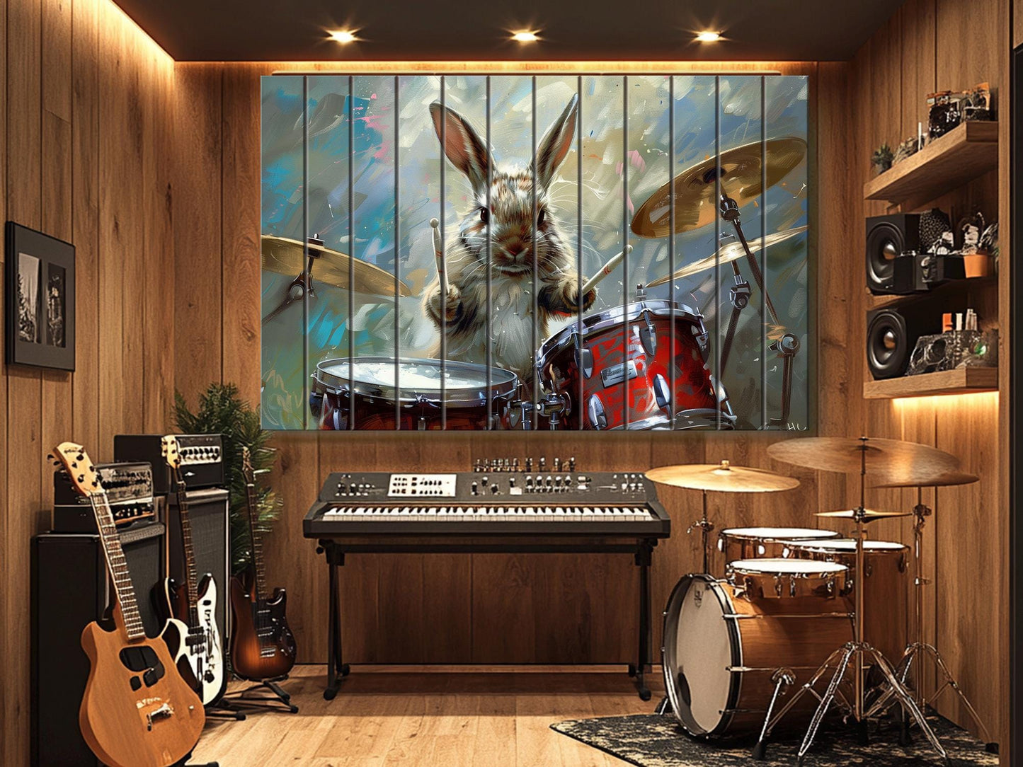 Rabbit Drummer Print on Wood, Funny Rabbit Musician Print, Drummer Gift, Musician Gift, Wood in Interior, Drums Wall Art, Wood Wall Art