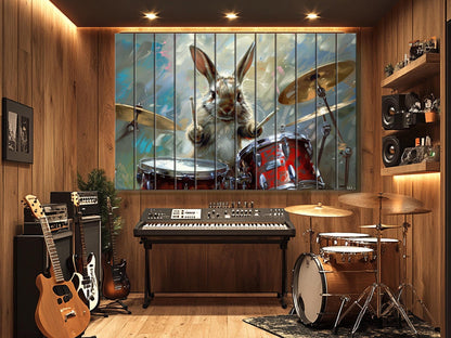 Rabbit Drummer Print on Wood, Funny Rabbit Musician Print, Drummer Gift, Musician Gift, Wood in Interior, Drums Wall Art, Wood Wall Art