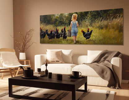 Farmhouse Wall Decor – Girl Feeding Chicken Rustic Wall Art Canvas Print, Ready to Hang