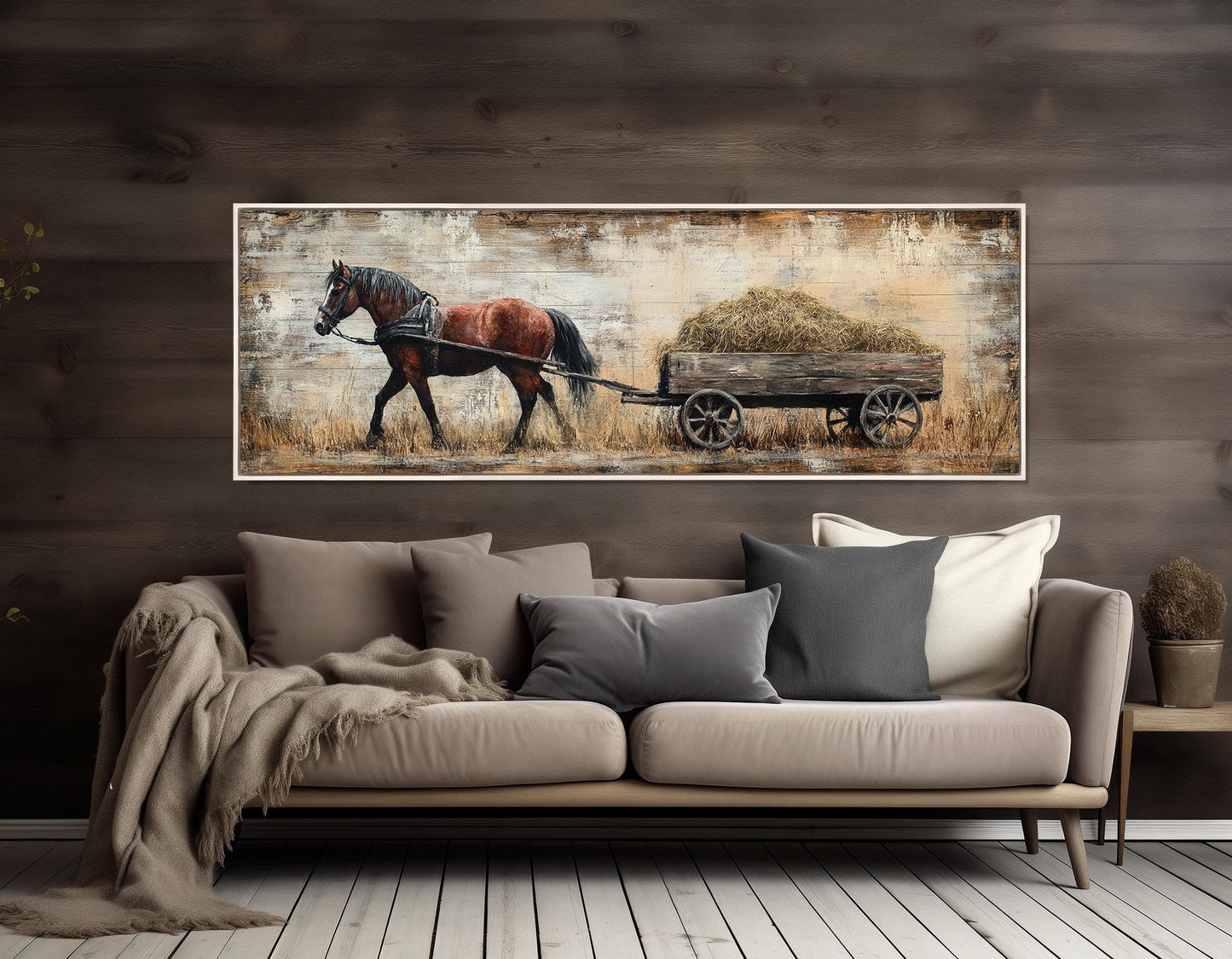 Horse Canvas Print – Brown Horse Pulling Wooden Cart | Rustic Wall Decor Framed Canvas