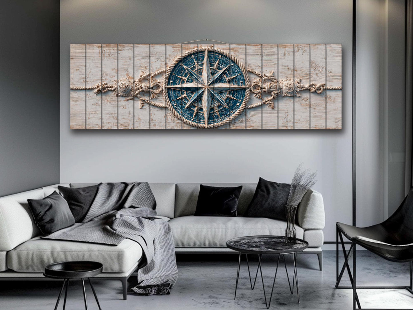 Compass Rose Wood Print – Nautical Wall Art | Rustic Coastal Decor with Anchor & Rope