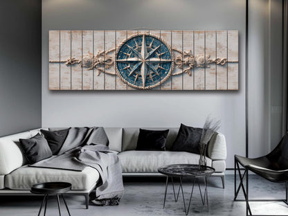 Compass Rose Wood Print – Nautical Wall Art | Rustic Coastal Decor with Anchor & Rope