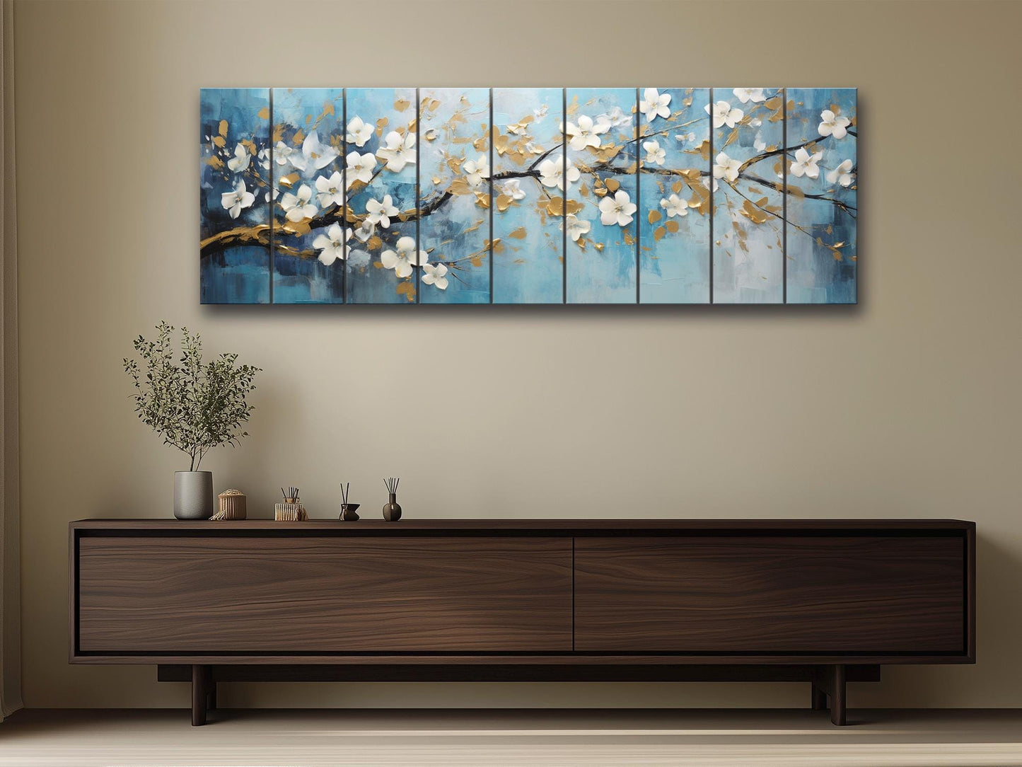 Abstract White Flowers Blossom Print On Natural Wood