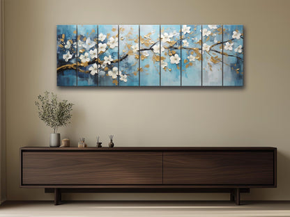 Abstract White Flowers Blossom Print On Natural Wood