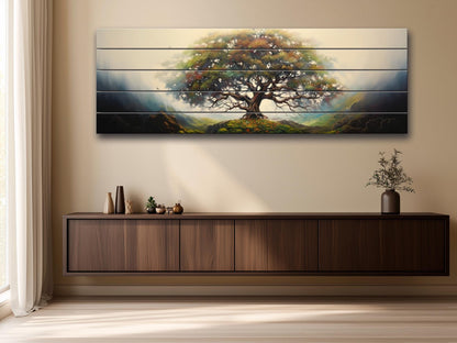 Yggdrasil Tree of Life Natural Wood Art - UV Printed Wood Plank Wall Decor