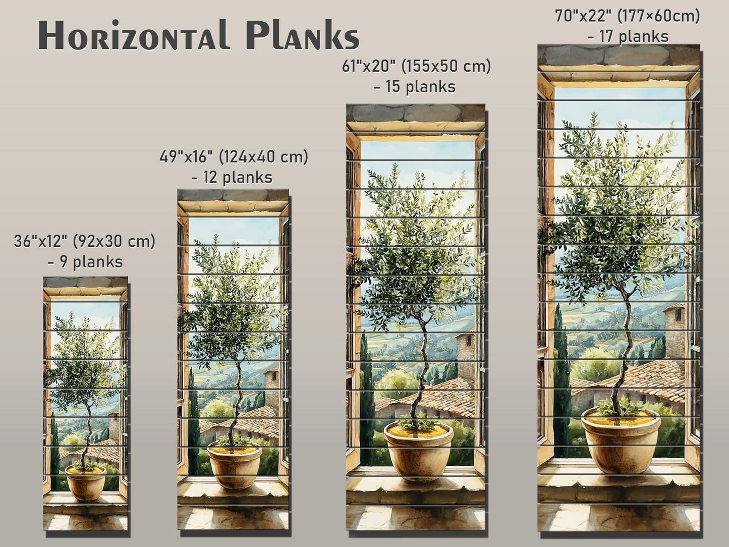 Window with Olive Tree Print on Wood, Tuscan Wall Art, Italian Watercolor Decor