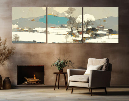 Modern Chinese Painting Canvas Print, Abstract Winter Landscape, Contemporary Chinese Wall Art, Asian Village, Framed and Ready to Hang