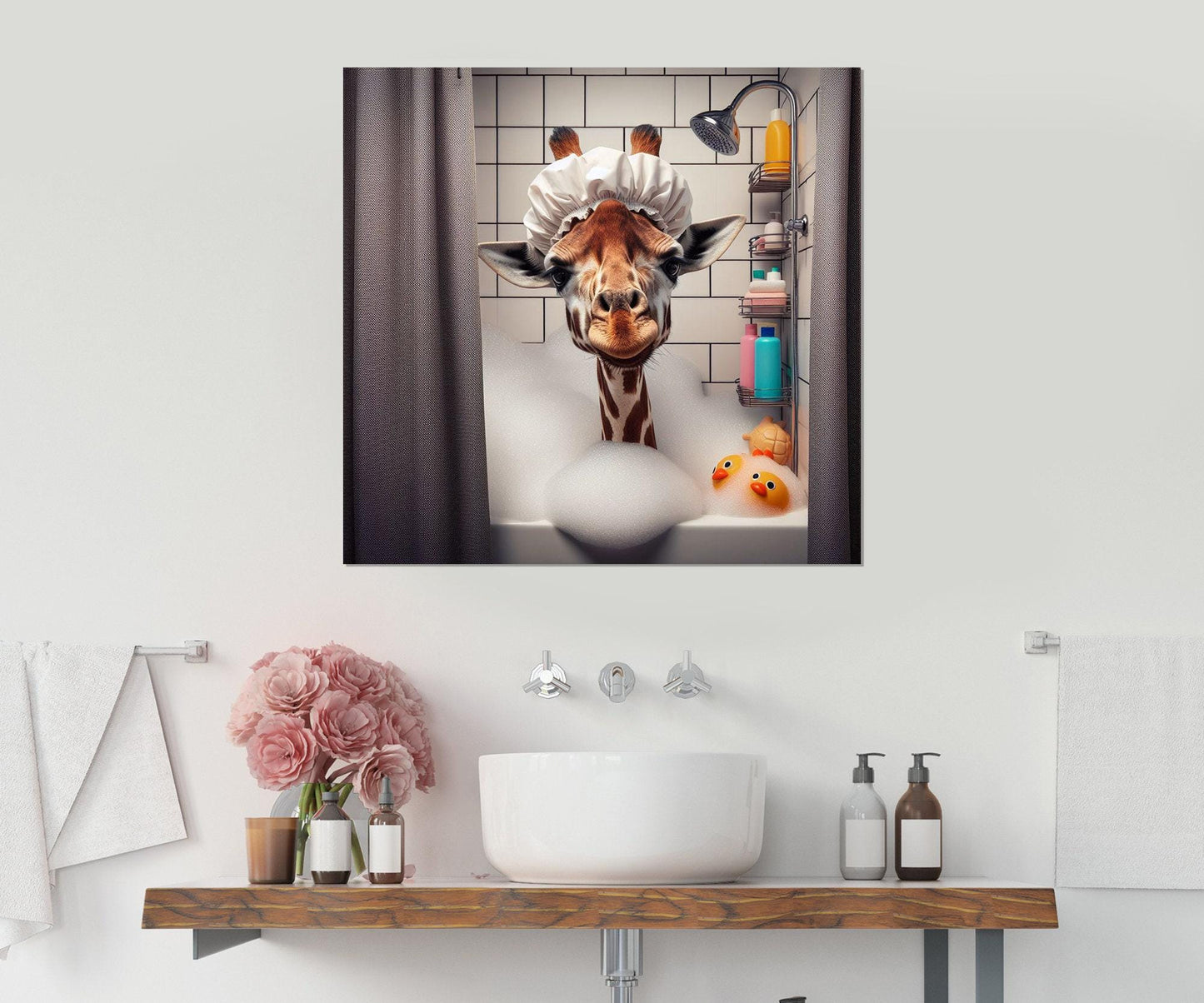 Giraffe Bathroom Art – Cute Animal Canvas With Wood Frame, Nursery Wall Decor