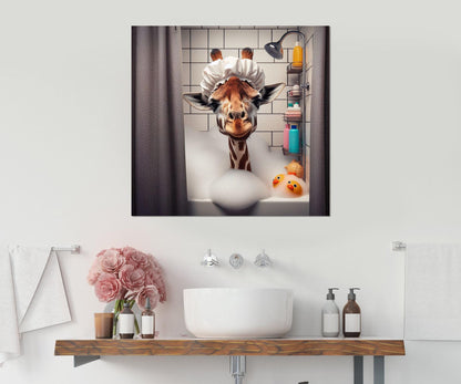 Giraffe Bathroom Art – Cute Animal Canvas With Wood Frame, Nursery Wall Decor