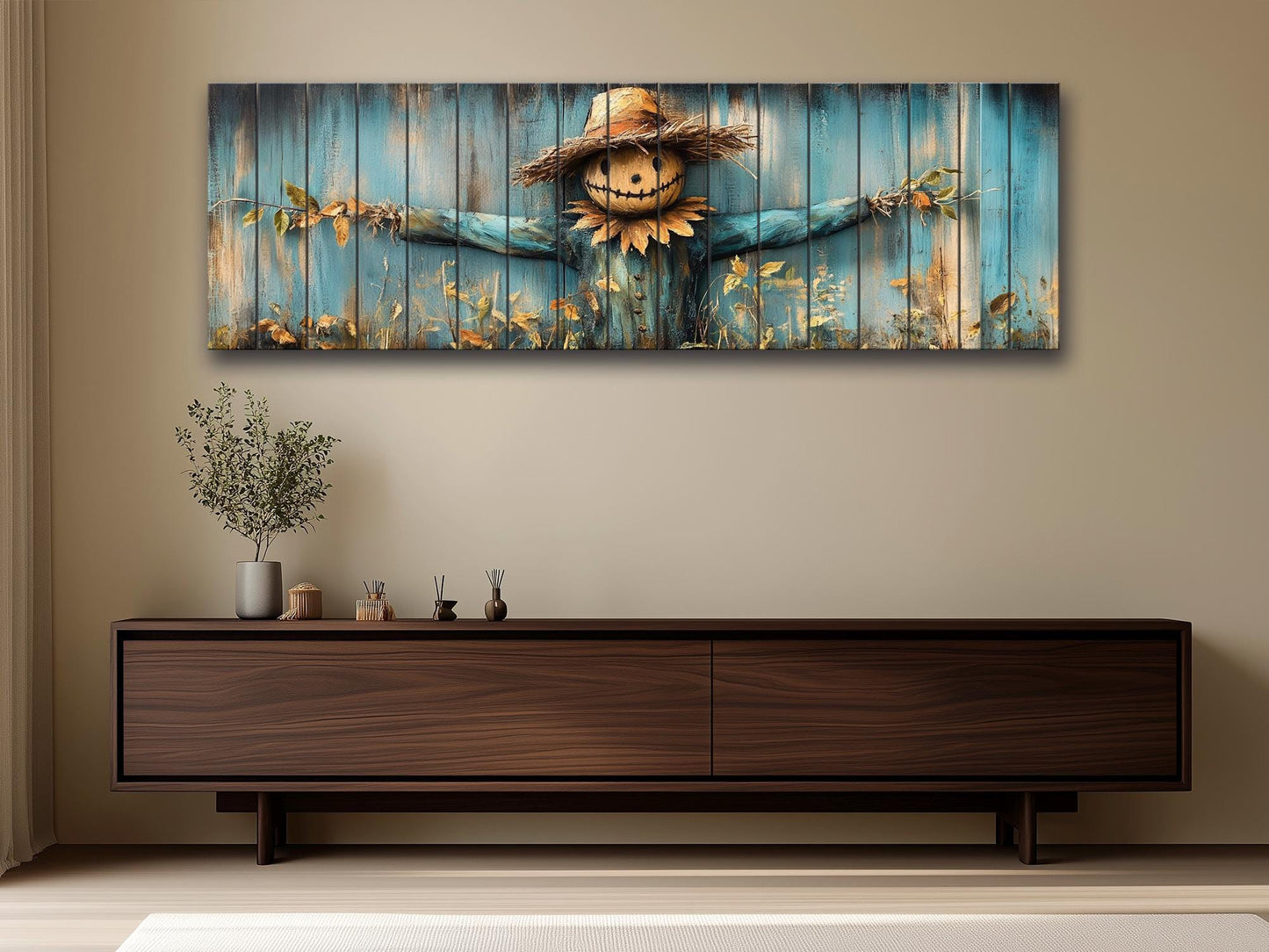 Rustic Scarecrow Art – Farmhouse Wall Decor | Natural Wood Print On Wood