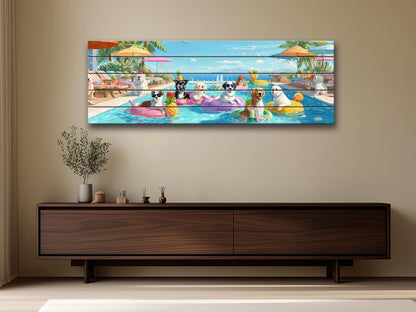 Dog Pool Wall Art – Colorful Summer Dog Print on Natural Wood – Playful Party Scene