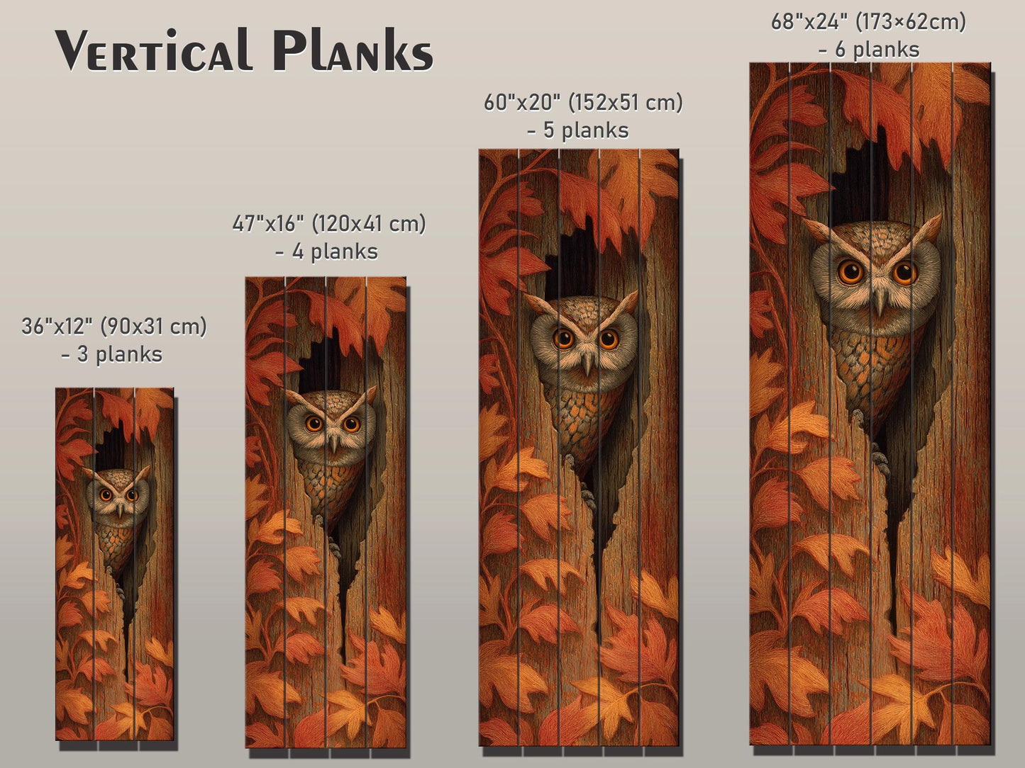 Curious Owl Peeking from a Hollow Tree with Autumn Leaves Print on Natural Wood, Vertical Autumn Painting, Wood Wall Art, Cozy Cabin Decor