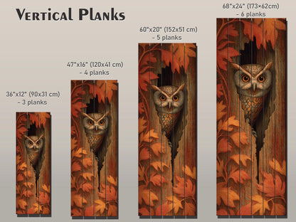 Curious Owl Peeking from a Hollow Tree with Autumn Leaves Print on Natural Wood, Vertical Autumn Painting, Wood Wall Art, Cozy Cabin Decor