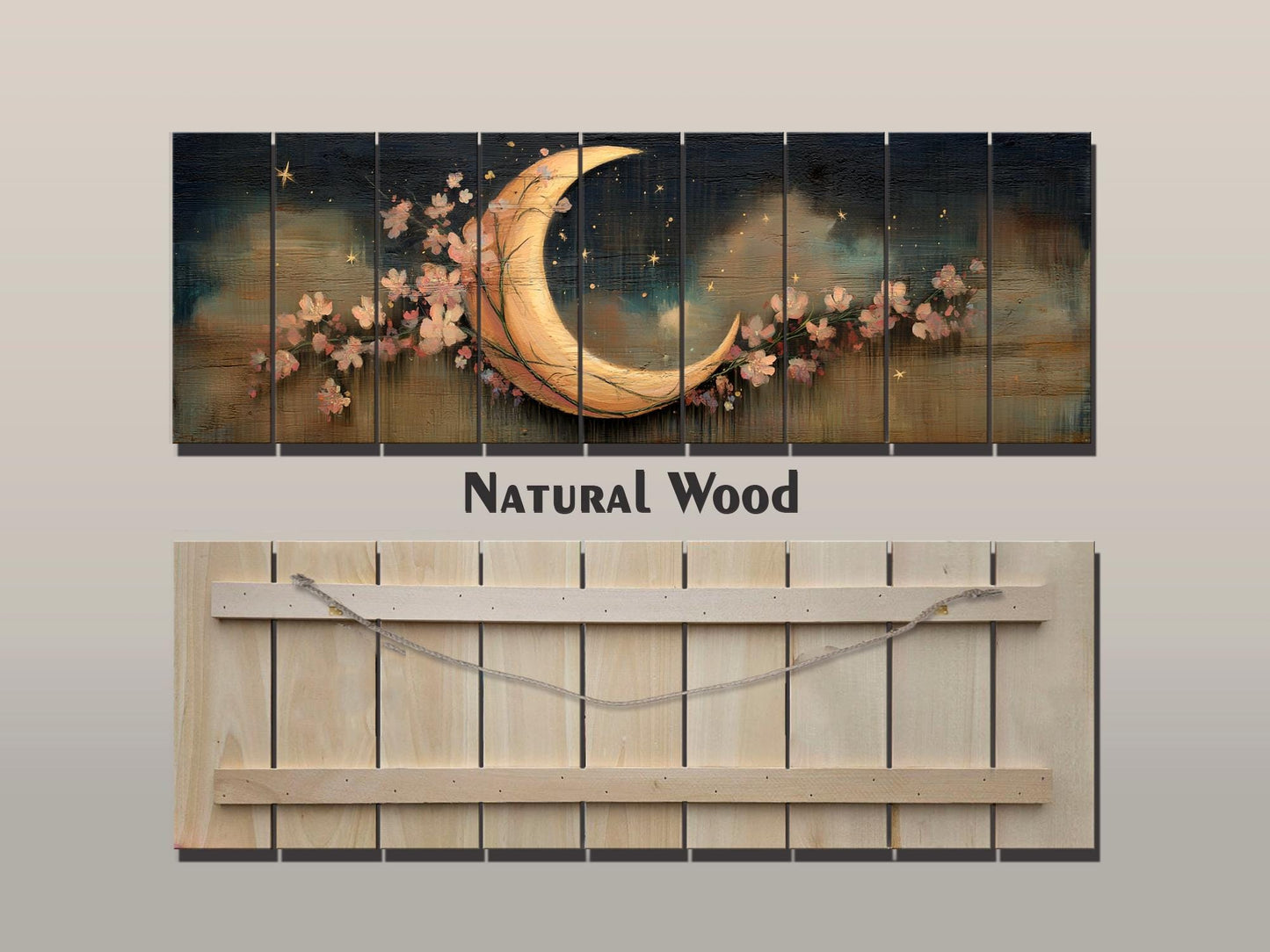 Crescent Moon Wall Art – Rustic Wood Print With Flowers | Boho Nursery Decor