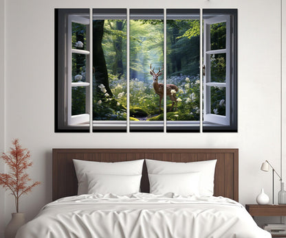 Forest Window Canvas – Faux Window Art With Deer, Spring Wall Decor Ready to Hang