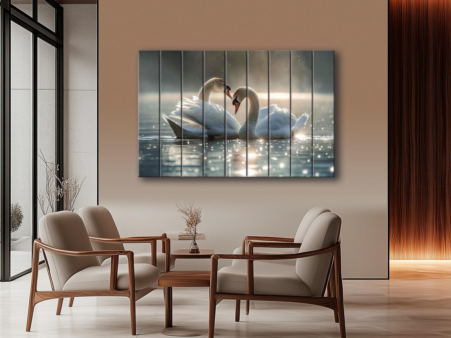 Wood Wall Art - Swans Couple Painting on Natural Wood Planks | Romantic Anniversary Gift