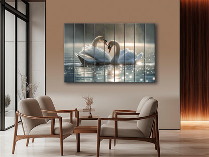 Wood Wall Art - Swans Couple Painting on Natural Wood Planks | Romantic Anniversary Gift