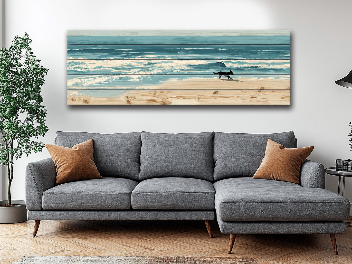 Coastal Wall Art – Dog Running on Beach Wood Print | Rustic Natural Decor