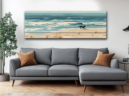 Coastal Wall Art – Dog Running on Beach Wood Print | Rustic Natural Decor