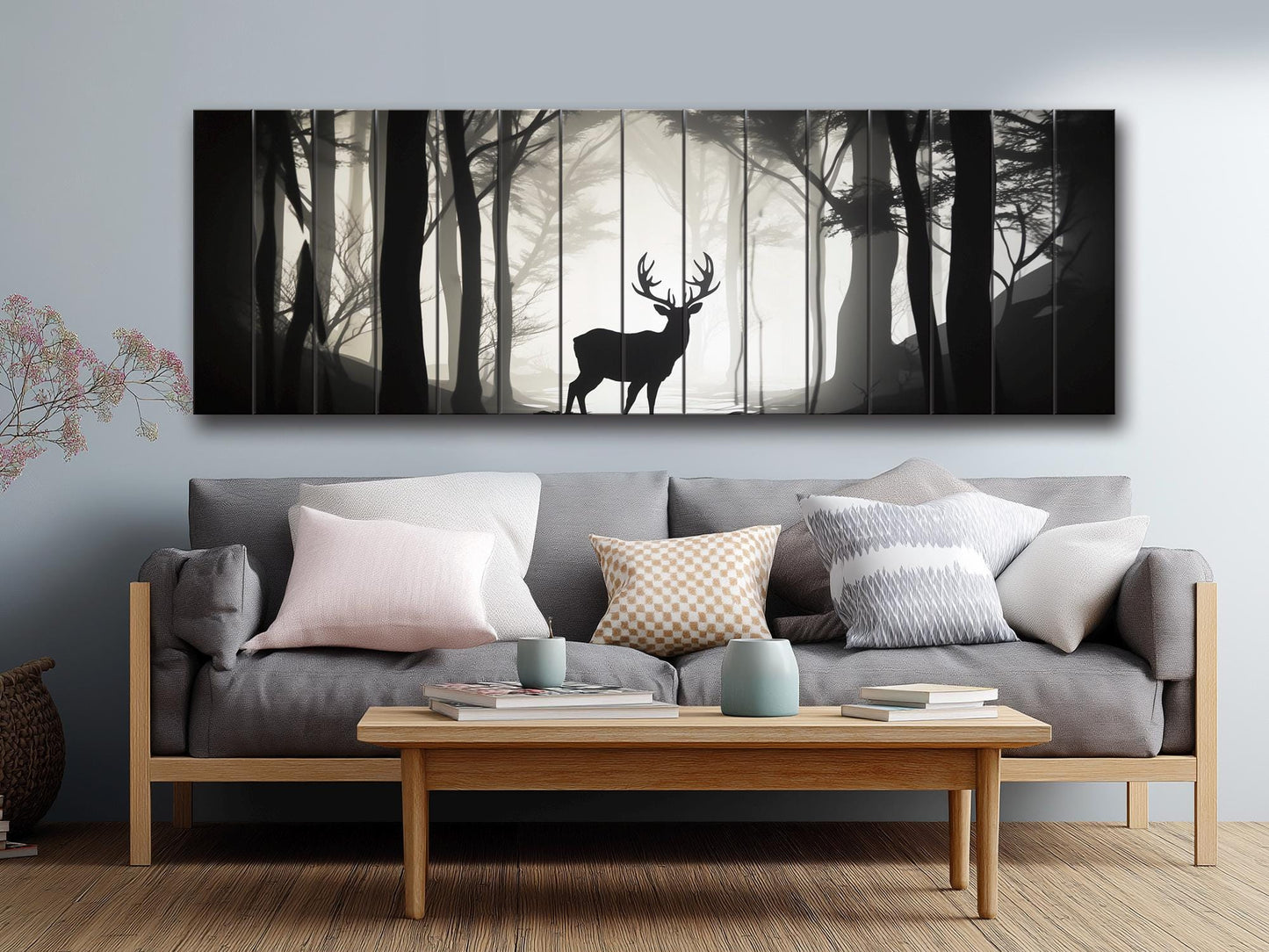 Deer Silhouette in Forest Print On Natural Wood, Woodland Wall Art