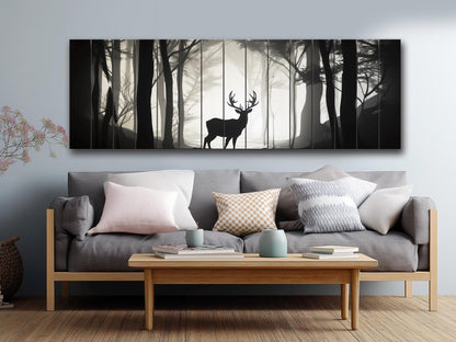 Deer Silhouette in Forest Print On Natural Wood, Woodland Wall Art