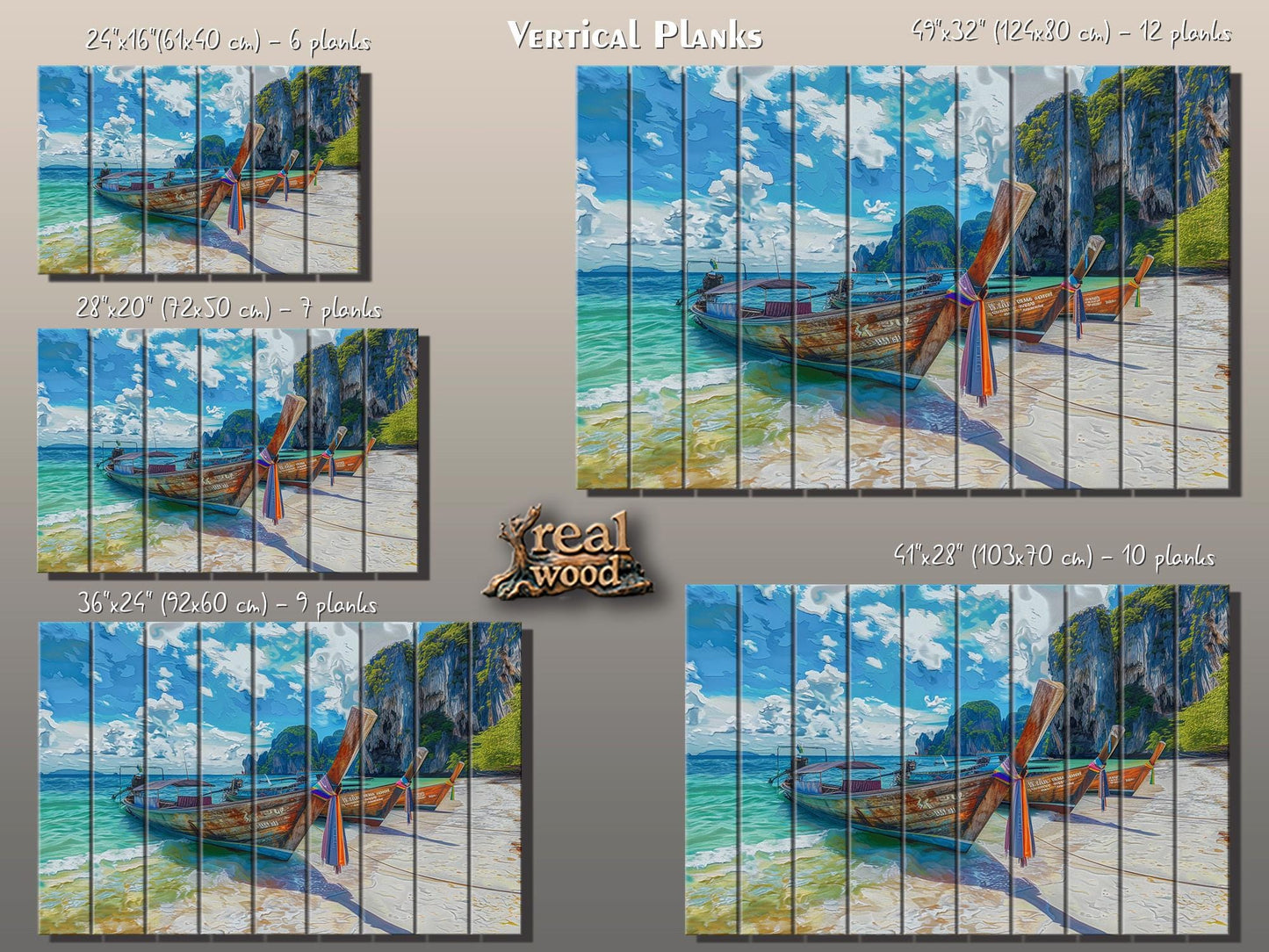 Wood Wall Art - Boats on Beach Print | Tropical Wall Decor with Unique Wood Grain