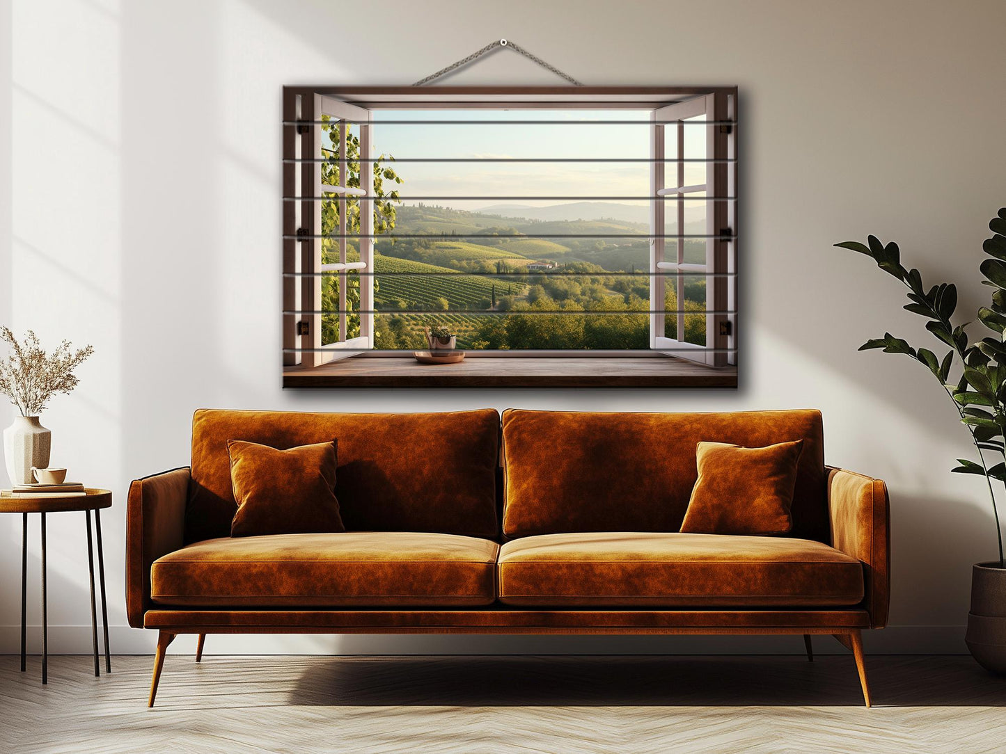 Wood Wall Art - Open Window with Tuscany Landscape Print on Natural Wood, Tuscany Painting, Mountain View in Interior, Italian Wall Art