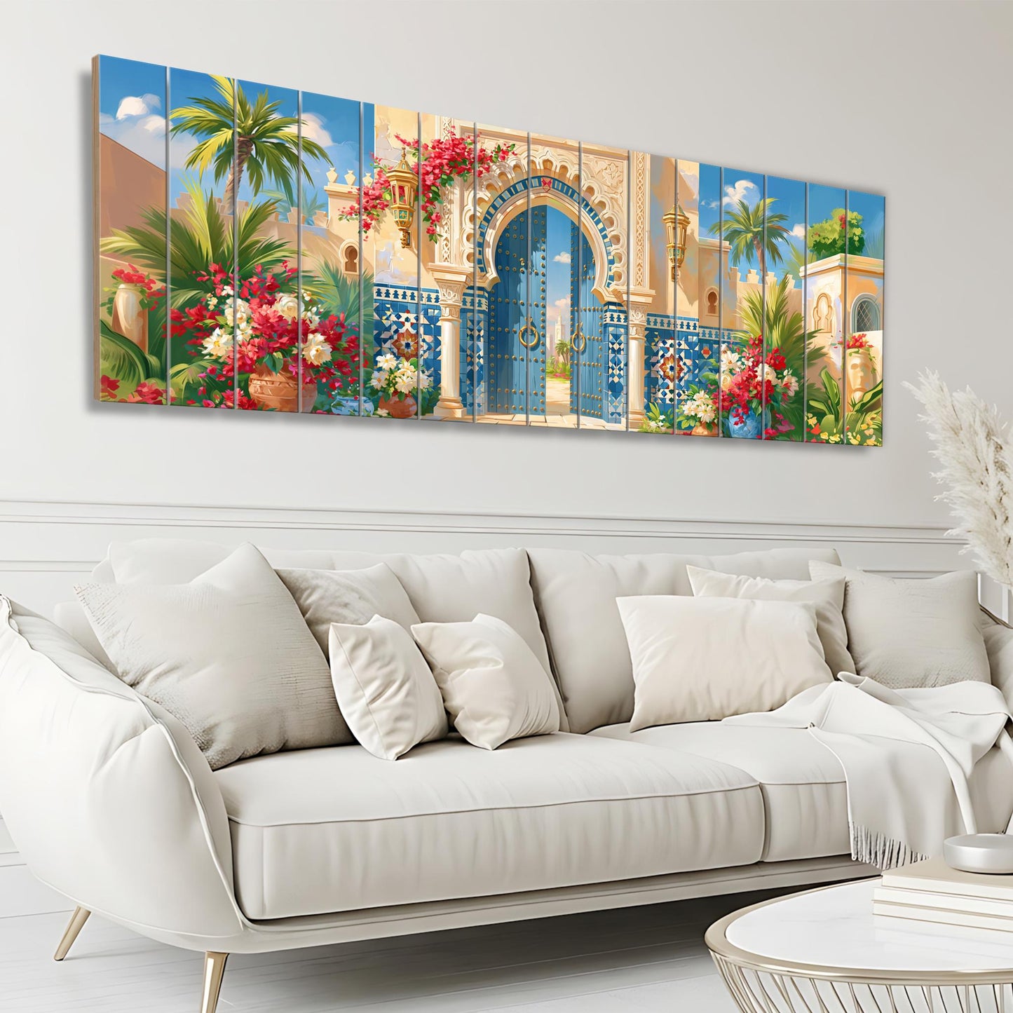 Moroccan Palace Gate Canvas Print, Blue Door Wall Art, Moorish Architecture Painting, Exotic Courtyard Decor
