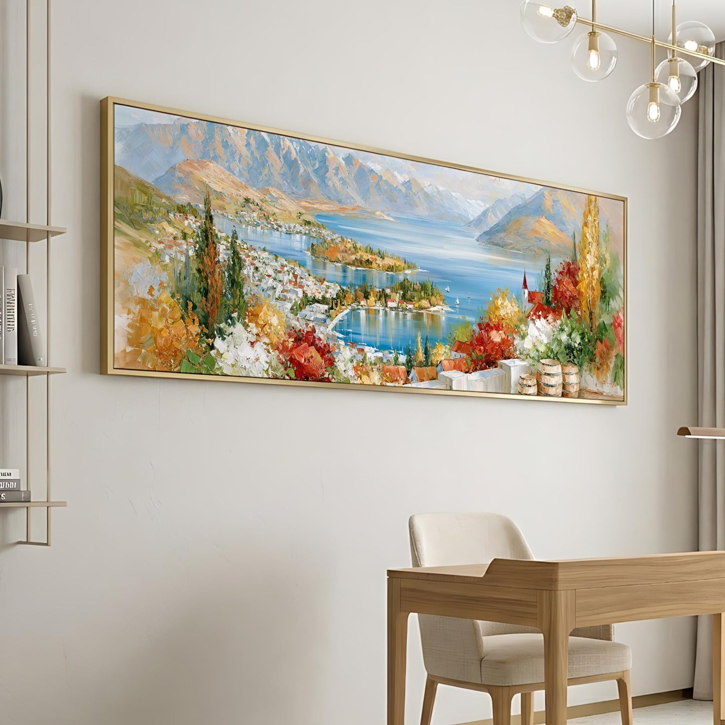 a large, colorful painting of a scenic landscape hanging on a wall, depicting a picturesque town nestled by a lake.