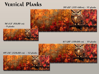Rustic Wood Wall Art – Autumn Owl Painting on Linden Planks with Vibrant Fall Leaves
