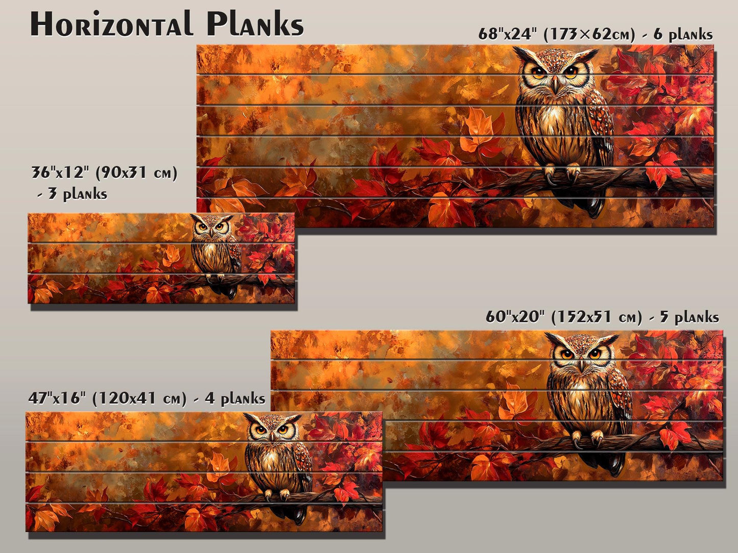 Rustic Wood Wall Art – Autumn Owl Painting on Linden Planks with Vibrant Fall Leaves